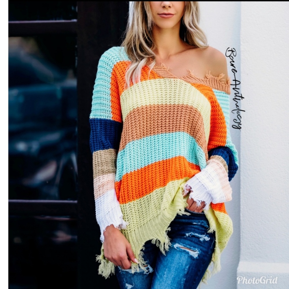 V-Neck Rainbow Distressed Sweater